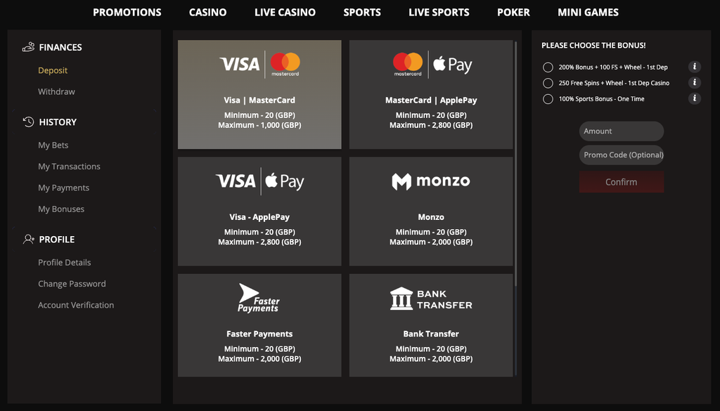 credit card casino payment options